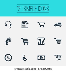 Vector Illustration Set Of Simple Shopping Icons. Elements Shop Trolley, Label, Electronics And Other Synonyms Tag, Purchase And Credit.