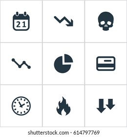 Vector Illustration Set Of Simple Situation Icons. Elements Circular Diagram, Plastic Card, Clock And Other Synonyms Chart, Arrows And Fire.