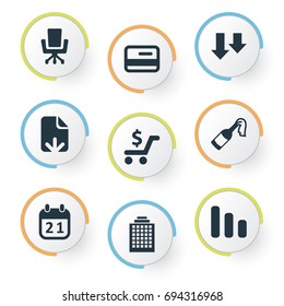 Vector Illustration Set Of Simple Situation Icons. Elements Document Upload, Career, Descending And Other Synonyms Skyscraper, Plastic And Calendar.