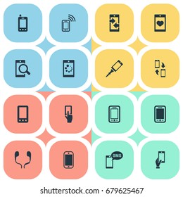 Vector Illustration Set Of Simple Smartphone Icons. Elements Monitor, Soul On Phone, Display And Other Synonyms Hand, Camera And Telephone.
