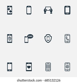 Vector Illustration Set Of Simple Smartphone Icons. Elements Menu, Thumbprint, Outgoing Calls And Other Synonyms Communicator, Communicating And Menu.