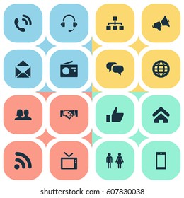 Vector Illustration Set Of Simple Social Icons. Elements Thumb, Partner, Megaphone And Other Synonyms Letter, Epistle And Television.