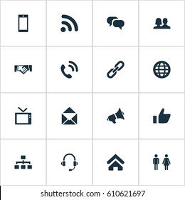 Vector Illustration Set Of Simple Social Icons. Elements Handshake, Conversation, Headphone Synonyms Smartphone, Megaphone And Talking.