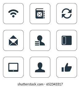 Vector Illustration Set Of Simple Social Icons. Elements Cv, Update, Letter And Other Synonyms Telephone, User And Member.