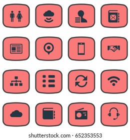 Vector Illustration Set Of Simple Social Icons. Elements Walkie, Smartphone, Organiser And Other Synonyms Pin, Fm And Conference.