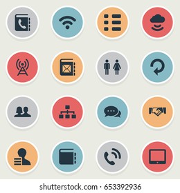 Vector Illustration Set Of Simple Social Icons. Elements Talking, Digital Pad, Remote Storage And Other Synonyms Contacts, Man And Replacement.