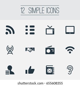 Vector Illustration Set Of Simple Social Icons. Elements Digital Pad, Questionnaire, Radio Tower And Other Synonyms Like, Tablet And Fm.