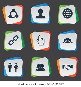 Vector Illustration Set Of Simple Social Icons. Elements Agreement, Chain, Team And Other Synonyms Earth, Link And Pointer.