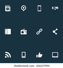 Vector Illustration Set Of Simple Social Icons. Elements Connection, Handshake, Smartphone Synonyms Radio, Handshake And Point.