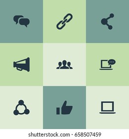 Vektorgrafik-Set mit einfachen Symbolen sozialer Medien. Elemente Chatting, Team, Web und andere Synonyme Liebe, Inbox und Netz.