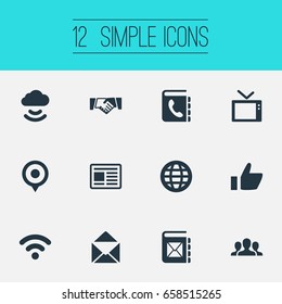 Vector Illustration Set Of Simple Social Icons. Elements Directory, Press, Thumb And Other Synonyms Cloud, Organiser And Storage.