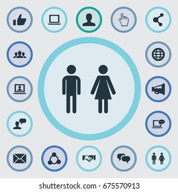 Vector Illustration Set Of Simple Social Icons. Elements Letter, Megaphone, Team And Other Synonyms Laptop, Share And Deal.