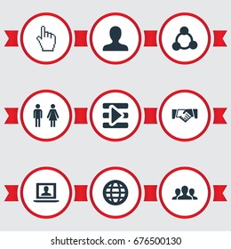 Vector Illustration Set Of Simple Social Icons. Elements Cursor, Media Control, Team And Other Synonyms Social, Agreement And Signalman.