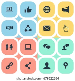 Vector Illustration Set Of Simple Social Icons. Elements Chat, Chain, Publish And Other Synonyms Letter, Profile And User.