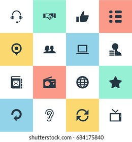 Vector Illustration Set Of Simple Social Icons. Elements Questionnaire, Handshake, Thumb Synonyms Audition, Radio And Headphone.