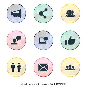 Vector Illustration Set Of Simple Social Icons. Elements Megaphone, Genus, Letter And Other Synonyms Vote, Letter And People.