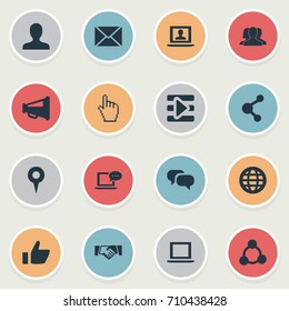 Vector Illustration Set Of Simple Social Media Icons. Elements Cursor, Publish, Media Control And Other Synonyms Notebook, Computer And Pointer.