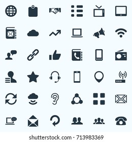 Vector Illustration Set Of Simple Social Icons. Elements Smartphone, World, Cv And Other Synonyms Position, Telephone And Cellphone.