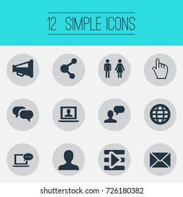 Vector Illustration Set Of Simple Social Icons. Elements Chat, Media Control, New Mail And Other Synonyms Megaphone, Personal And Profile.