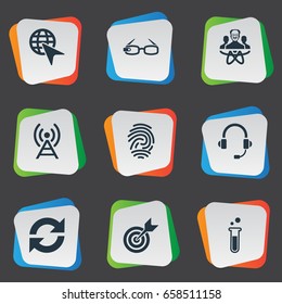 Vector Illustration Set Of Simple Solution Icons. Elements Chemical Reaction, Change, Broadcast And Other Synonyms Communication, Biometric And Goal.