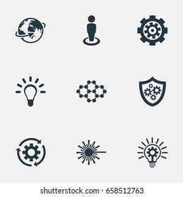 Vector Illustration Set Of Simple Solution Icons. Elements Bulb, Power, Global And Other Synonyms International, Recycle And Human.