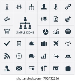 Vector Illustration Set Of Simple Solution Icons. Elements Global Trade, Rising Up, Conversation And Other Synonyms Chart, User And Person.