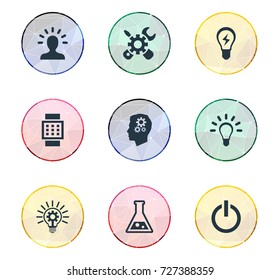 Vector Illustration Set Of Simple Solution Icons. Elements Idea, Smart Watch, Bulb And Other Synonyms Button, Turn And Repair.