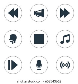 Vector Illustration Set Of Simple Sound Icons. Elements Studio Microphone, Wave, Next And Other Synonyms Speak, Recorder And Music.