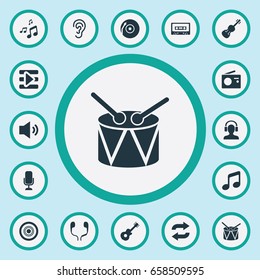 Vector Illustration Set Of Simple Sound Icons. Elements Amusement, Record, Turntable And Other Synonyms Tone, Artistic And Loudspeaker.