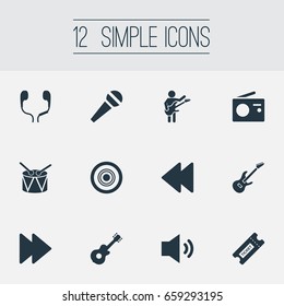 Vector Illustration Set Of Simple Sound Icons. Elements Compact Disk, Headphones, Broadcasting Appliance And Other Synonyms Next, Cover And Headset.