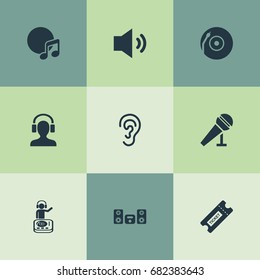 Vector Illustration Set Of Simple Sound Icons. Elements Playboy, Turntable, Album And Other Synonyms Loudspeaker, Song And Headphone.