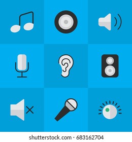 Vector Illustration Set Of Simple Sound Icons. Elements Volume, Regulator, Listen And Other Synonyms Regulator, Record And Sound.