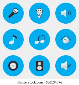 Vector Illustration Set Of Simple Sound Icons. Elements Regulator, Music Sign, Loudspeaker And Other Synonyms Listen, Mute And Music.