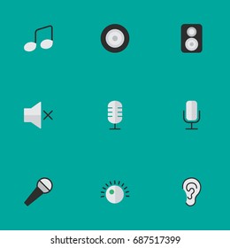 Vector Illustration Set Of Simple Sound Icons. Elements Music Sign, Loudspeaker, Mike And Other Synonyms Note, Make And Loudspeaker.