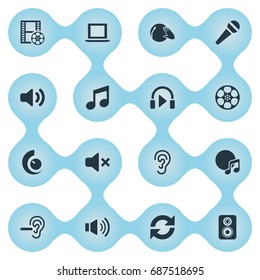 Vector Illustration Set Of Simple Sound Icons. Elements Noisiness, Disco, Tape And Other Synonyms Audio, Movie And Subwoofer.