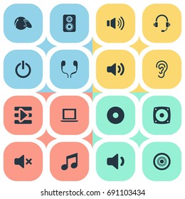 Vector Illustration Set Of Simple Sound Icons. Elements Support  Service, Silence, Volume And Other Synonyms Voice, Melody And Speaker.