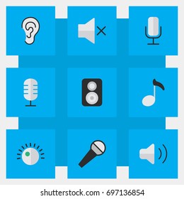 Vector Illustration Set Of Simple Sound Icons. Elements Speaker, Record, Volume And Other Synonyms Ear, Loudness And Mute.