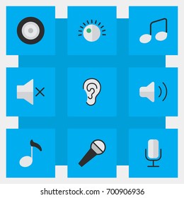 Vector Illustration Set Of Simple Sound Icons. Elements Mike, Volume, Regulator And Other Synonyms Speaker, Ear And Regulator.