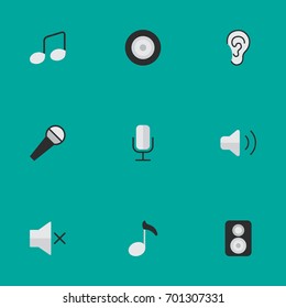Vector Illustration Set Of Simple Sound Icons. Elements Music Sign, Listen, Loudspeaker And Other Synonyms Amplifier, Sign And Loudspeaker.
