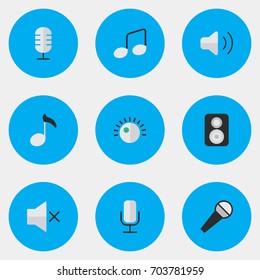 Vector Illustration Set Of Simple Sound Icons. Elements Mike, Regulator, Speaker And Other Synonyms Speaker, Mute And Volume.