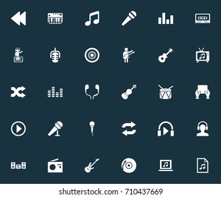 Vector Illustration Set Of Simple Sound Icons. Elements Playboy, Listen, Guitarist And Other Synonyms Piano, Synthesizer And Instrument.