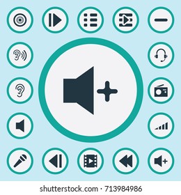Vector Illustration Set Of Simple Sound Icons. Elements Plus, Podcast, Speech And Other Synonyms Bass, Music And Microphone.