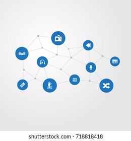 Vector Illustration Set Of Simple Sound Icons. Elements Playboy, Listen, Amplifier And Other Synonyms Antenna, Shuffle And Bass.