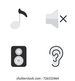 Vector Illustration Set Of Simple Sound Icons. Elements Note, Speaker, Listen And Other Synonyms Music, Mute And Speaker.