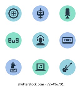 Vector Illustration Set Of Simple Sound Icons. Elements Laptop, Dj, Record And Other Synonyms Plate, Guitar And Speech.