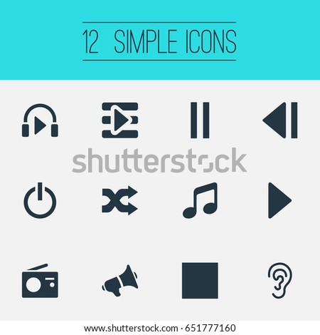 Vector Illustration Set Of Simple Sound Icons. Elements Vintage Reciever, Switch Off, Multimedia Buttons And Other Synonyms Dj, Power And Button.