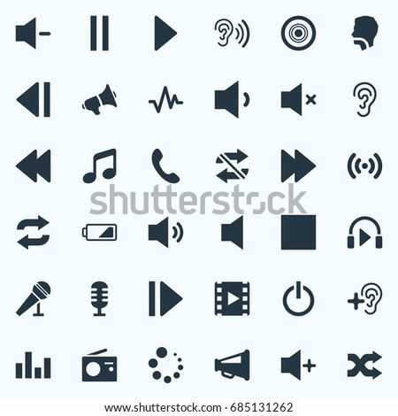 Vector Illustration Set Of Simple Sound Icons. Elements Switch Off, Silent, Next And Other Synonyms Stop, Equalizer And Communication.