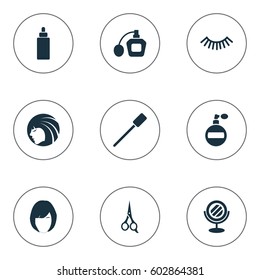 Vector Illustration Set Of Simple Spa Icons. Elements Hairstyle, Fragrance, Perfume And Other Synonyms Perume, Scissors And Mirror.
