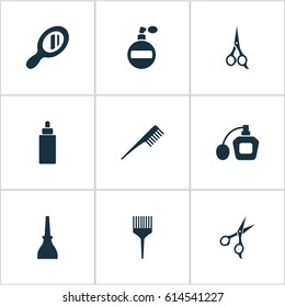 Vector Illustration Set Of Simple Spa Icons. Elements Glass, Scissors, Perfume And Other Synonyms Shears, Hairstylist And Cosmetics.