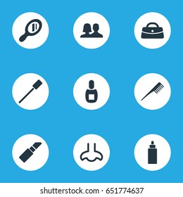 Vector Illustration Set Of Simple Spa Icons. Elements Eyelash Brush, Bottle, Customers And Other Synonyms Dropper, Hair And Purse.